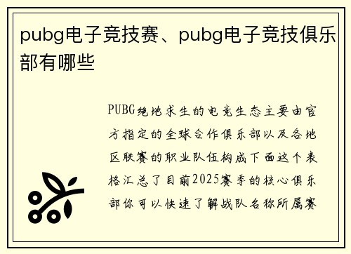 pubg电子竞技赛、pubg电子竞技俱乐部有哪些