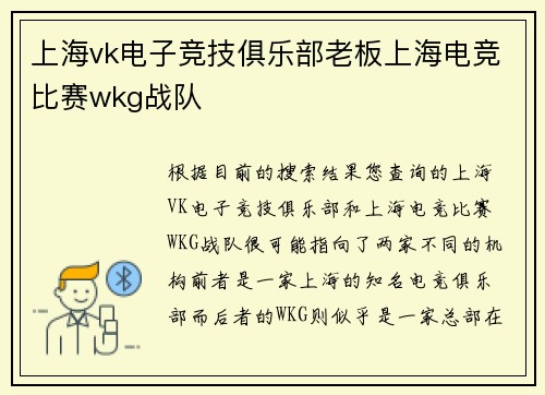 上海vk电子竞技俱乐部老板上海电竞比赛wkg战队